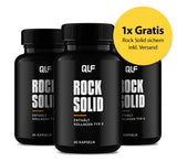 Das 3er Rock Solid (einmaliges Angebot) enthält drei schwarze Flaschen mit orangefarbener Collagen Typ II-Beschriftung, je 60 Kapseln. Hochdosiert aus Forschung. Gelber Kreis: 1x gratis Rock Solid inkl.. Versand sichern!.