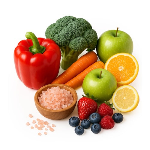 Assortment of fresh fruits and vegetables including bell pepper, broccoli, apples, citrus, carrots, berries, and a bowl of pink salt crystals