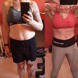 Fettverlust Fibel Vorher-Nachher Bild mit Frau im Sportoutfit, Challenge_RosiB Galerieposition 1 von Quantum Leap Fitness