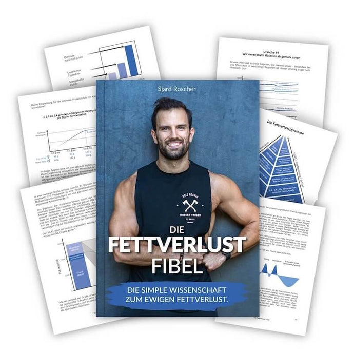 Das Fettverlust-Bundle enthält ein Buch von Sjard Roscher mit einem lächelnden, muskulösen Mann auf dem Cover, das auf Seiten mit Tabellen, Grafiken und deutschem Text platziert ist.