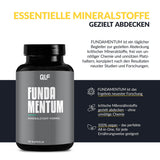 Eine schwarze 3er Fundamentum-Dose steht neben einem deutschen Text, der die Vorteile des Produkts hervorhebt, mit gelben und schwarzen Akzenten und einer Überschrift: Essentielle Mineralstoffe gezielt abdecken - für klinisch korrekte Dosierungen.