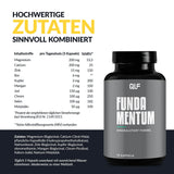 Eine Dose mit der Aufschrift 3er Fundamentum steht neben einer Tabelle mit Vitaminen und Mineralstoffen pro 3 Kapseln mit klinisch korrekten Dosierungen, prozentualen Tageswerten und einer Inhaltsstoffbeschreibung in deutscher Sprache.