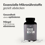 Black bottle of 2er Fundamentum (einmaliges Angebot) with white capsules and text on essential micronutrients for health optimization