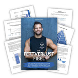Fettverlust Fibel Buch mit Autor Sjard Roscher vor blauem Hintergrund, umgeben von Informationsseiten, Galerieposition 1