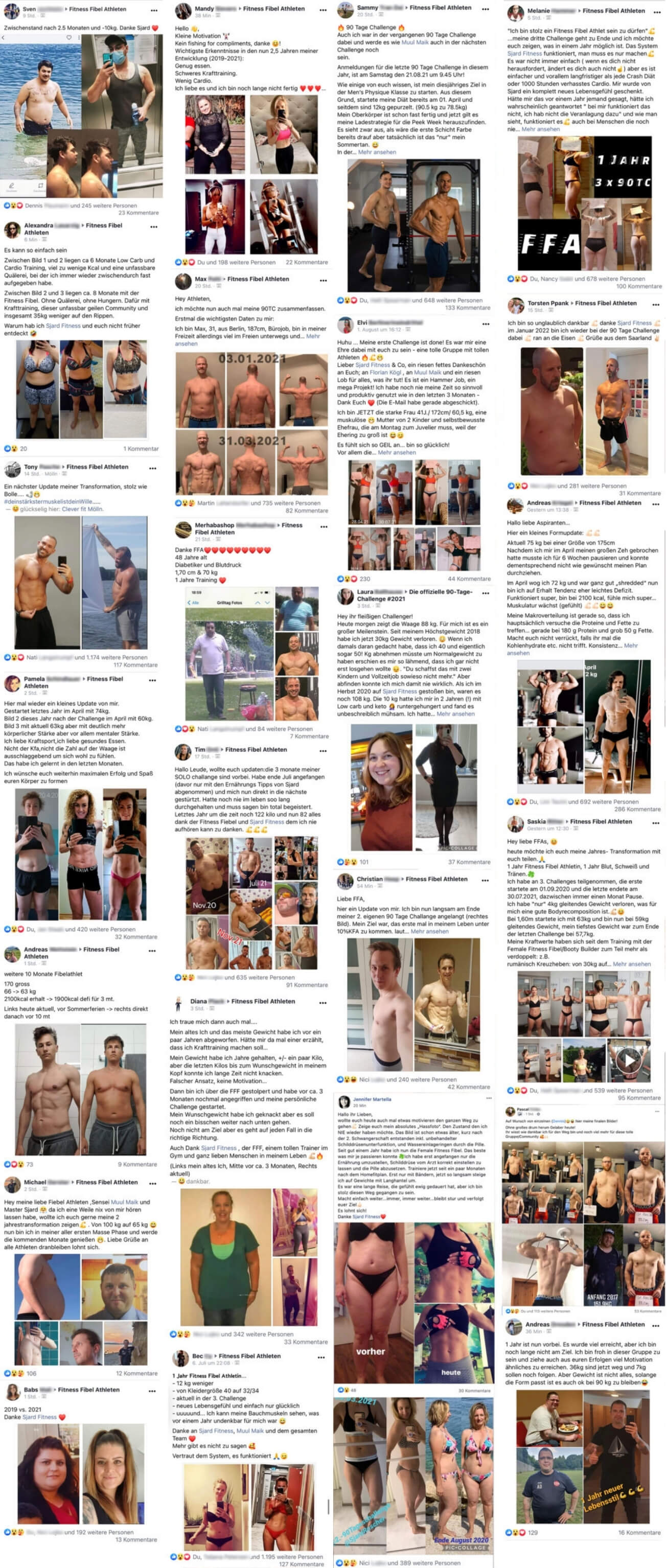 Collage of diverse fitness transformation photos and personal progress stories shared on social media platforms