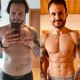 Mann zeigt Vorher-Nachher Transformation mit Koch & Abnehmen Bundle, sichtbare Muskeldefinition und Fettabbau – Supplements, die wirken.