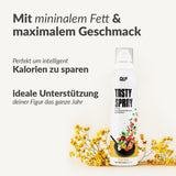 Tasty Spray in weißer Flasche mit Kochspray-Druck, dekoriert mit gelben Blumen, Galerieposition 1, Light-Kalorien-Version