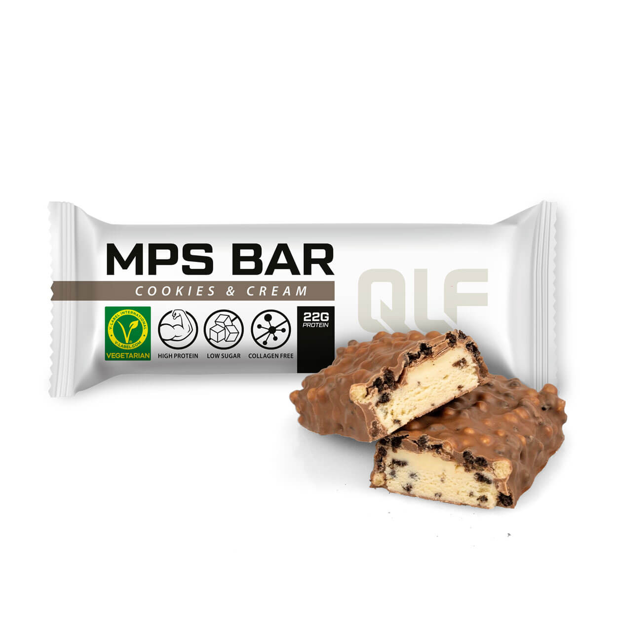 White wrapper of QLF MPS Cookies & Cream bar with broken bar showing creamy filling and crunchy chocolate coating