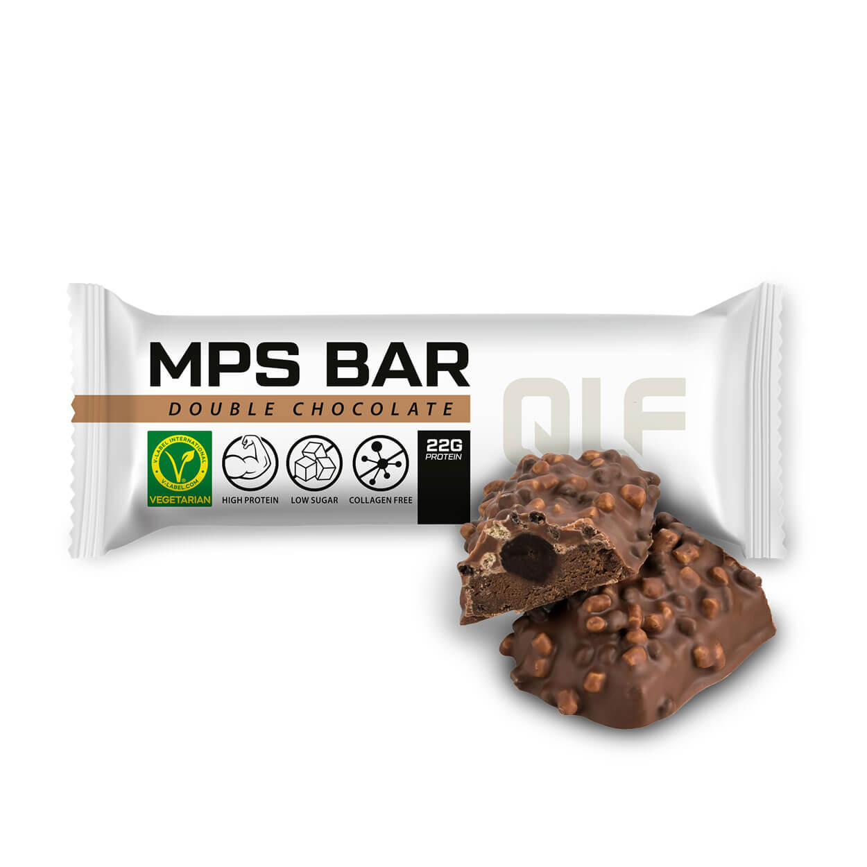 White wrapper of double chocolate MPS bar with bite revealing soft chocolate filling and crispy texture pieces