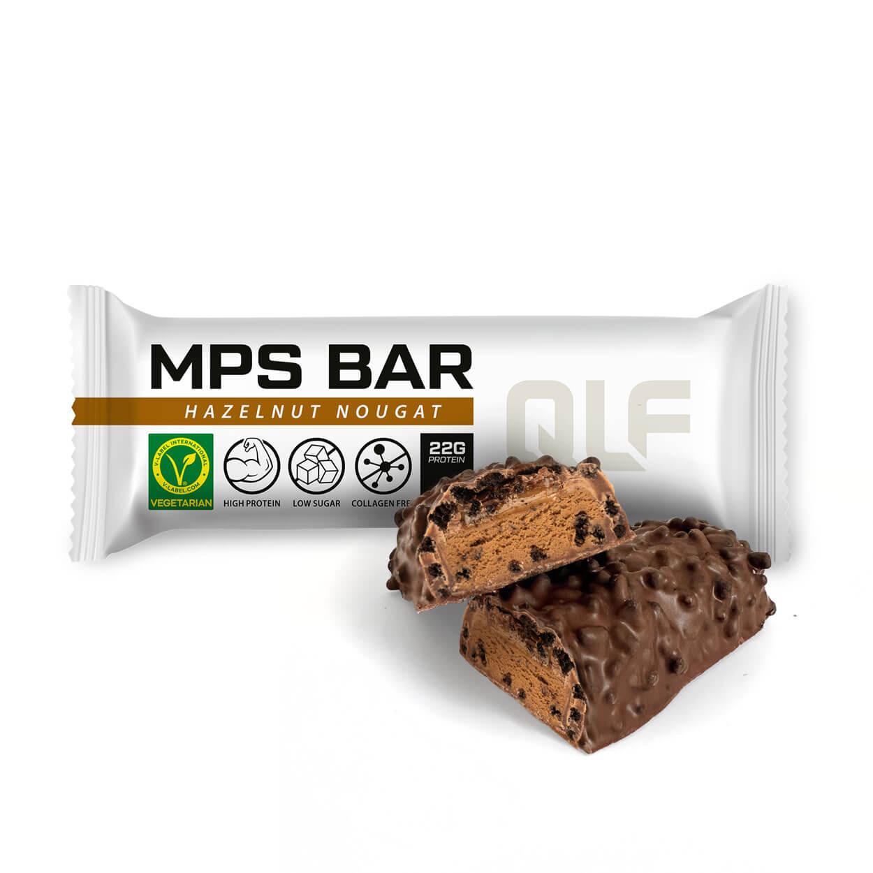 White wrapper of MPS Bar Hazelnut Nougat flavor alongside a bar broken to show chocolate coating and nougat filling