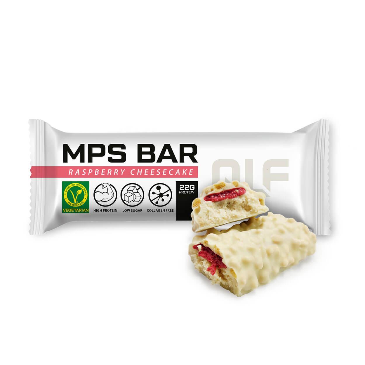 White wrapper of MPS Bar Raspberry Cheesecake flavor with bar broken to reveal white coating and raspberry filling inside