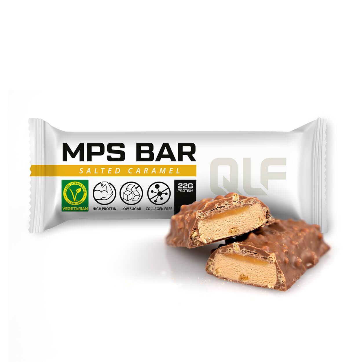 White wrapper of salted caramel MPS Bar with two pieces showing crunchy chocolate coating and creamy caramel filling inside