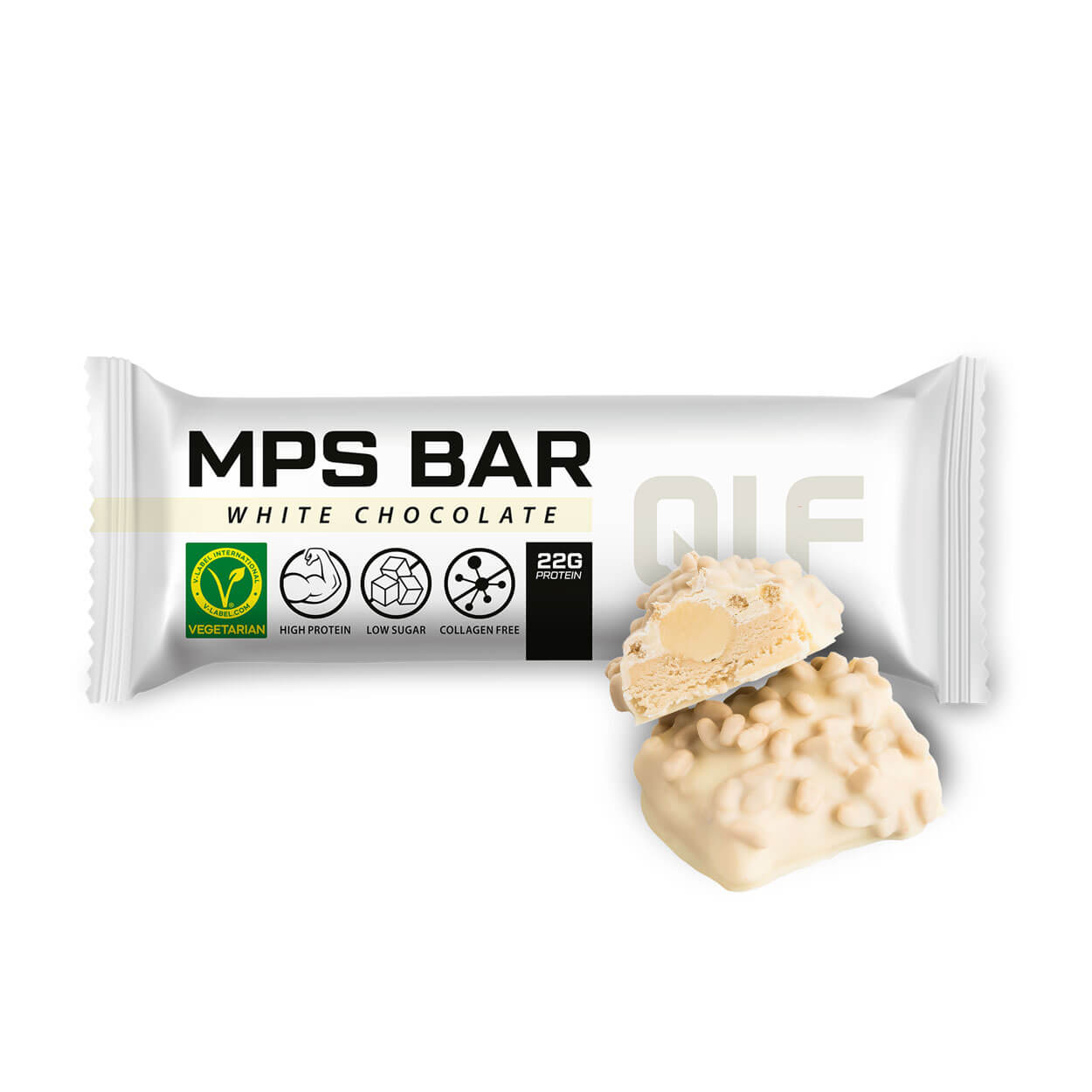 White chocolate coated MPS Bar with one whole and one broken piece showing creamy texture inside and nutritional icons