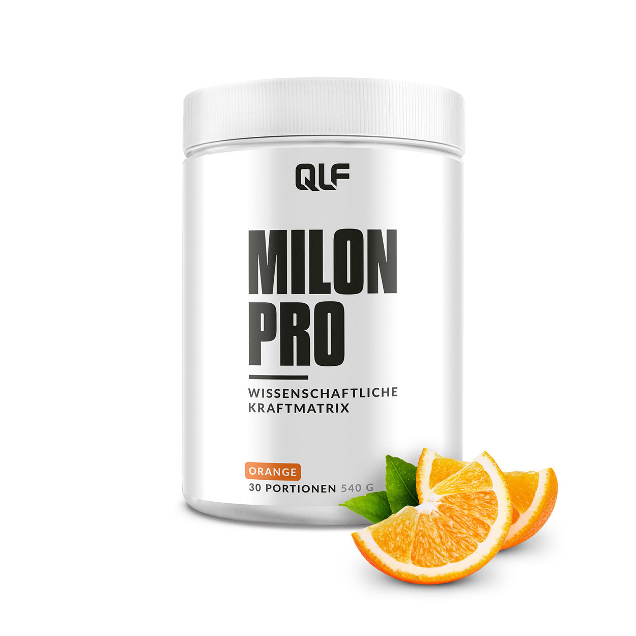 Weißer Behälter mit schwarzem QLF-Logo und „Milon Pro“ Schriftzug, daneben frische Orangenstücke auf weißem Hintergrund