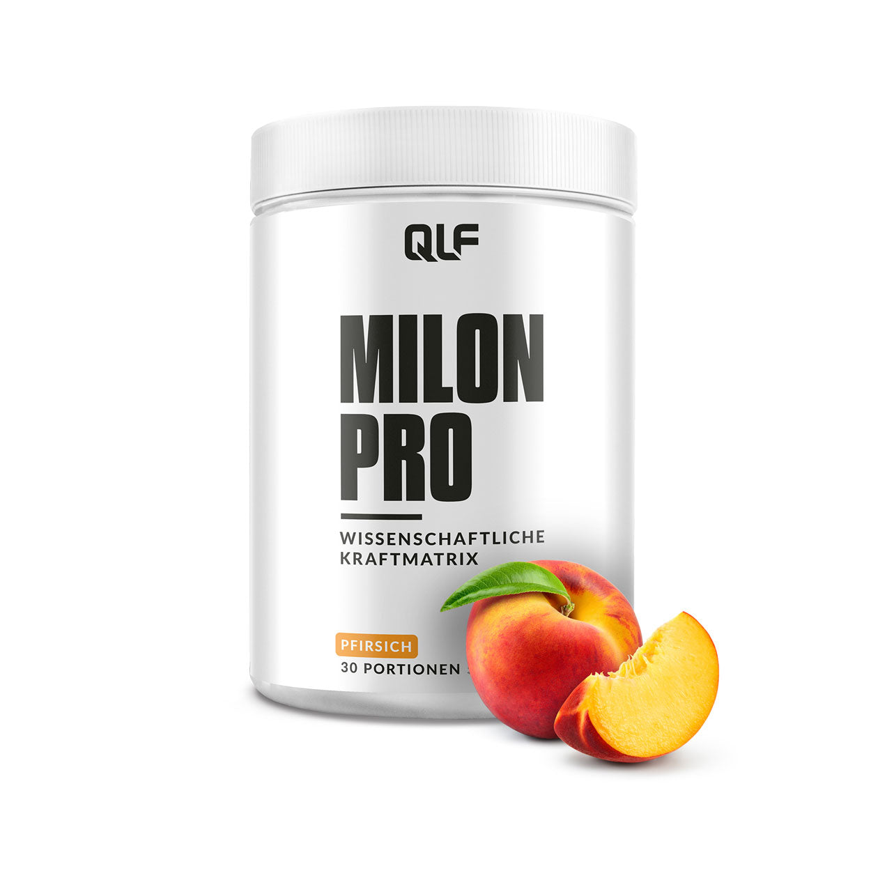 Weißer Behälter mit schwarzem QLF-Logo und „Milon Pro“ Schriftzug, daneben frische Pfirsichstücke auf weißem Hintergrund