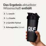 Hand hält schwarzen Shaker mit QLF-Logo vor Text mit Inhaltsstoffen von Milon Pro, Galerieposition 1