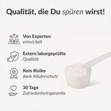 Milon Pro Qualitätsmerkmale mit Pulver in Messlöffel, Expertenentwicklung und extern geprüfte Sicherheit sichtbar