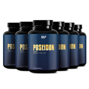 6er Poseidon supplement multipack with six dark blue bottles featuring omega-3, vitamin D3, and K2 capsules