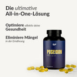 Poseidon Omega-3 Kapseln mit Vitamin K2 und D3 neben verstreuten Gelkapseln vor hellem Hintergrund, Galerieposition 1