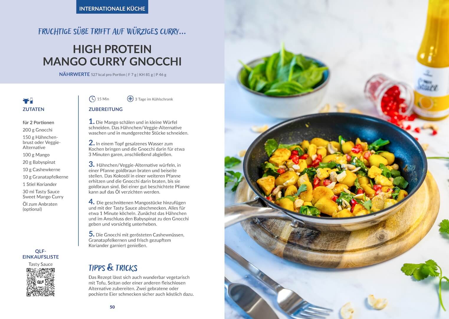Baking Protein inkl. GRATIS Kochbuch Rezeptseite und Mango Curry Gnocchi mit frischen Zutaten und Kräutern Galerie 1