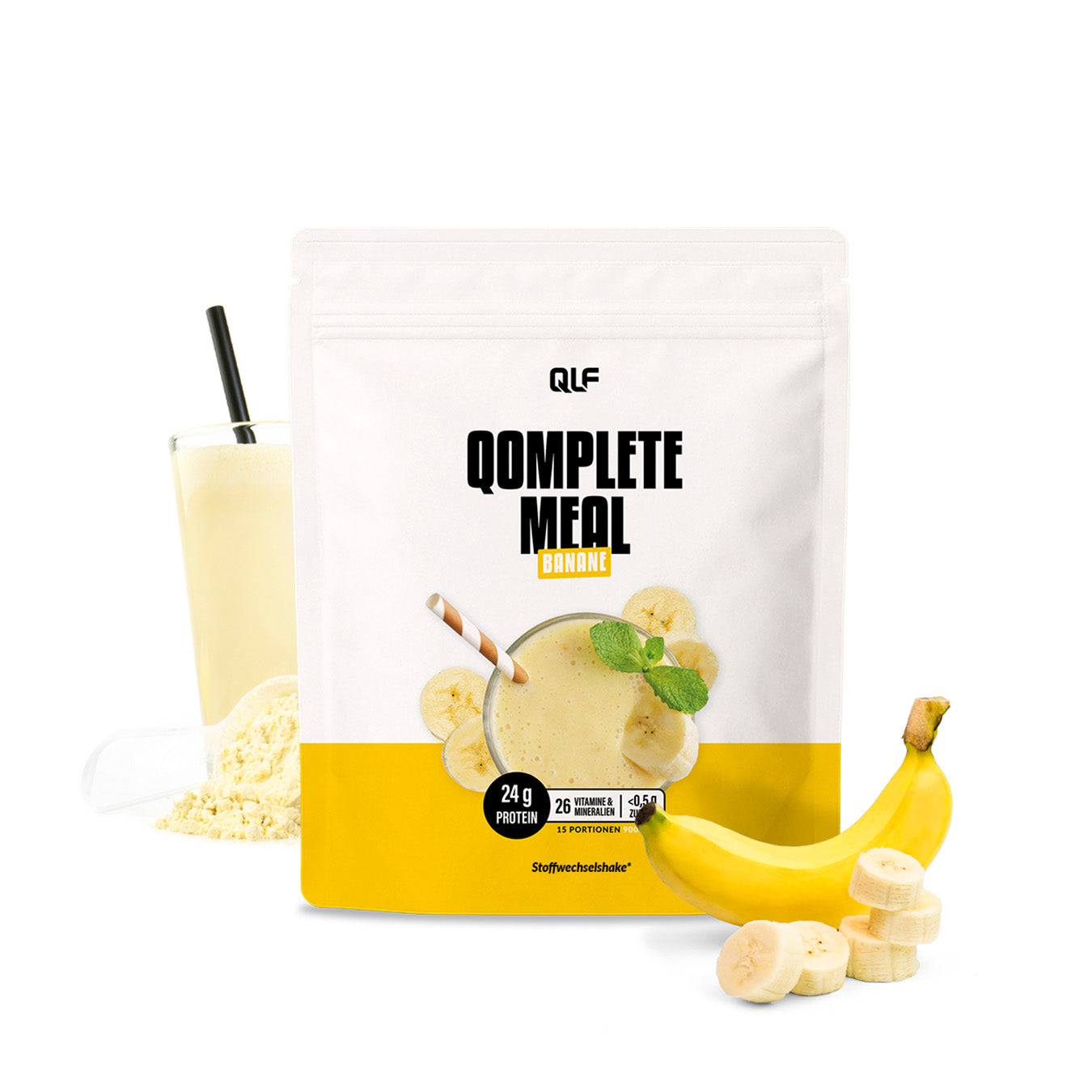Ein Beutel Qomplete Meal Abnehmshake im Geschmack Banane