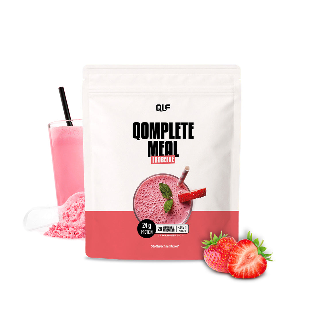 Ein Beutel Qomplete Meal Abnehmshake im Geschmack Erdbeere