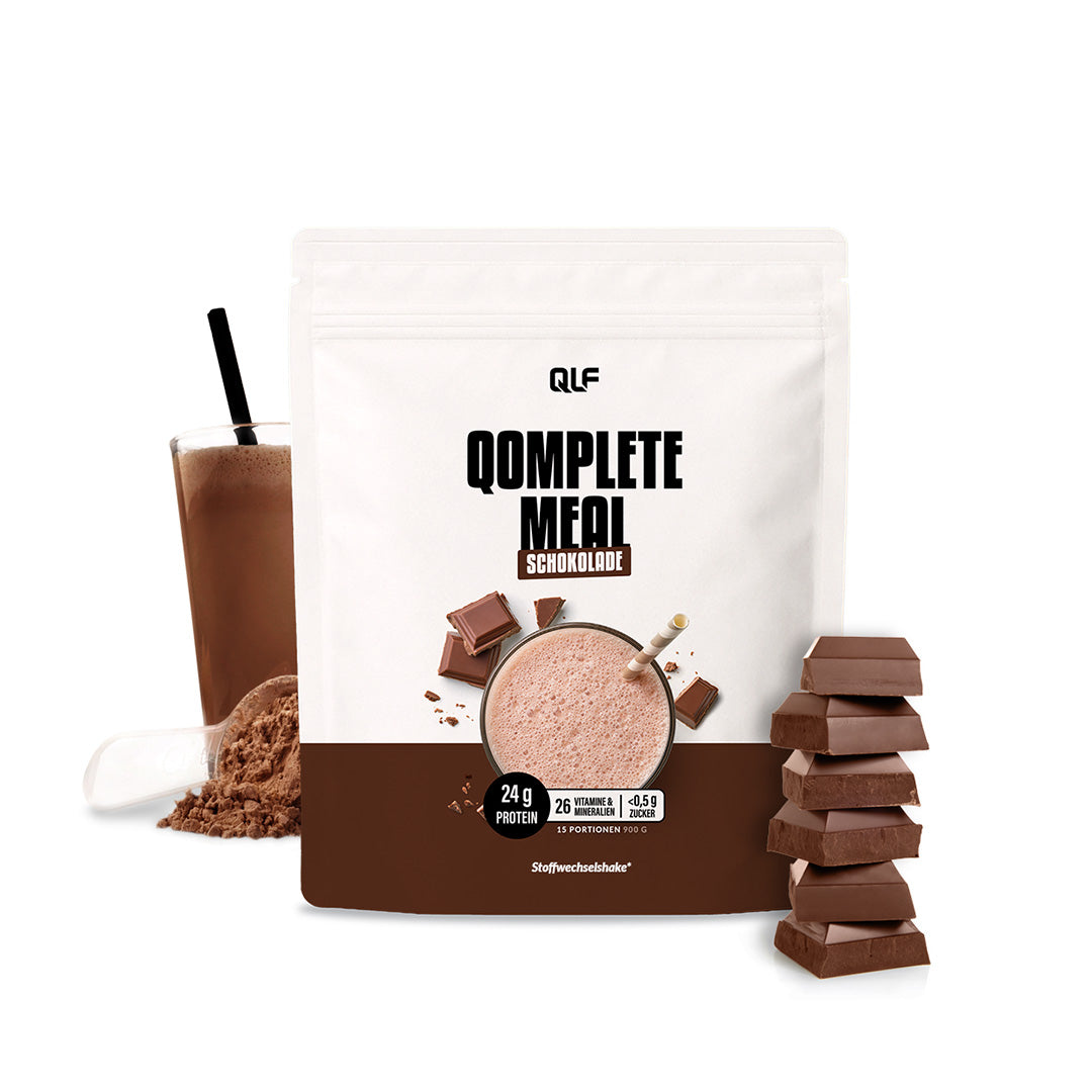 Ein Beutel Qomplete Meal Abnehmshake im Geschmack Schokolade