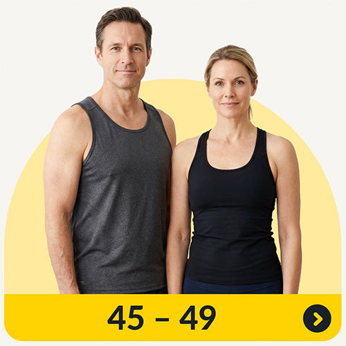 A man and woman in athletic wear standing side by side with a yellow background and age range 45 to 49 below.