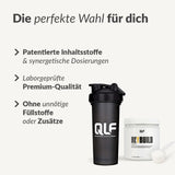 Rebuild von Quantum Leap Fitness mit Shaker und Messlöffel, Fokus auf patentierte Inhaltsstoffe und Premium-Qualität, Galerie 1