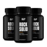 Auf weißem Hintergrund stehen drei schwarze Dose von 3er Rock Solid mit der Aufschrift ENTHÄLT KOLLAGEN TYP II mit je 60 hochdosierten Kapseln als Teil eines innovativen Nährstoffkomplexes.