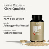 Ashwa Pure (KSM-66 Ashwagandha) Flasche mit Kapseln und Pulver vor weißem Hintergrund, Galerieposition 1