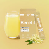 Benefit Hydration mit Holunderblüten-Geschmack, Stick, Glas gelbem Getränk und Verpackung, Galerieposition 1