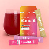 Benefit Hydration Probebox mit Getränk im Glas, Stick und Verpackung in Galerieposition 1 des Shopbildes