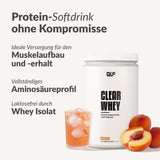 Clear Whey Isolat von Quantum Leap Fitness als proteinreicher Softdrink mit Pfirsichgeschmack und Aminosäurenprofil