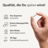 Hand hält einzelne Magnesium Kapsel vor Qualitätssiegeln mit Expertenentwicklung, Test und Zufriedenheitsgarantie Magnesium Shop-Magnesium-3.jpg