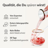 Qore Health drink being poured into glass highlighting expert development, lab-tested quality, and satisfaction guarantee benefits