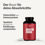 Quantum Immun Flasche mit 180 Kapseln vor hellem Hintergrund, Text zu Abwehrkraft und Erkältungslinderung, Galerieposition 1