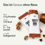 Tasty Bar Proteinriegel Brownie mit Eiweißangaben und Vorteilen auf hellem Hintergrund