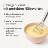 Eine Schüssel mit High Protein Tasty Pudding und einem Schneebesen. Text: "Cremiger Genuss - perfekt zum Abnehmen & Muskelaufbau. Viel Eiweiß, langanhaltende Sättigung, blitzschnell zubereitet.