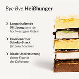 Tasty Bar Proteinriegel gestapelte Varianten zeigen schokoladige und proteinreiche Snacks für langanhaltende Sättigung, Galerie 1