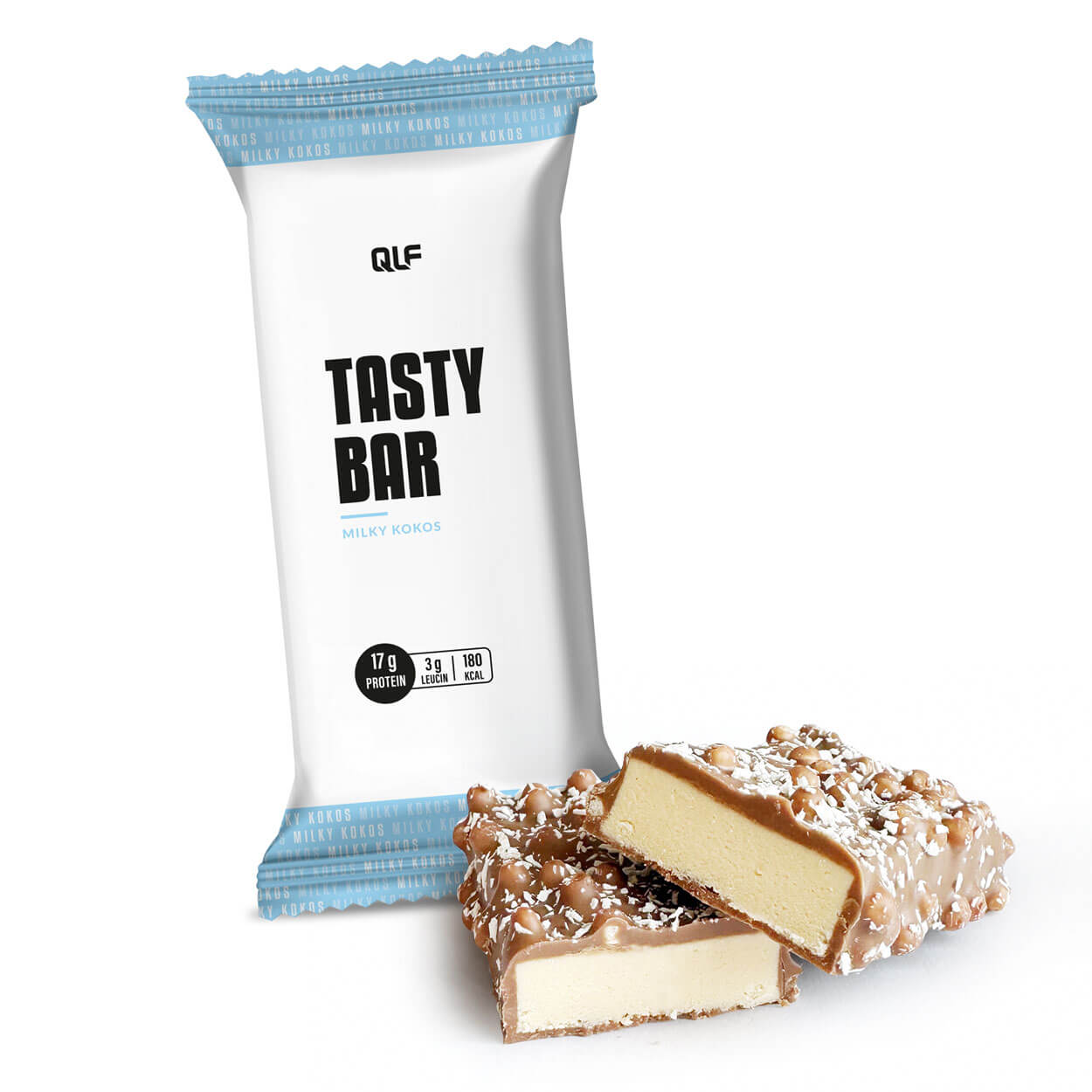 Blue and white wrapper labeled Tasty Bar with two pieces showing crunchy coating and creamy coconut filling inside