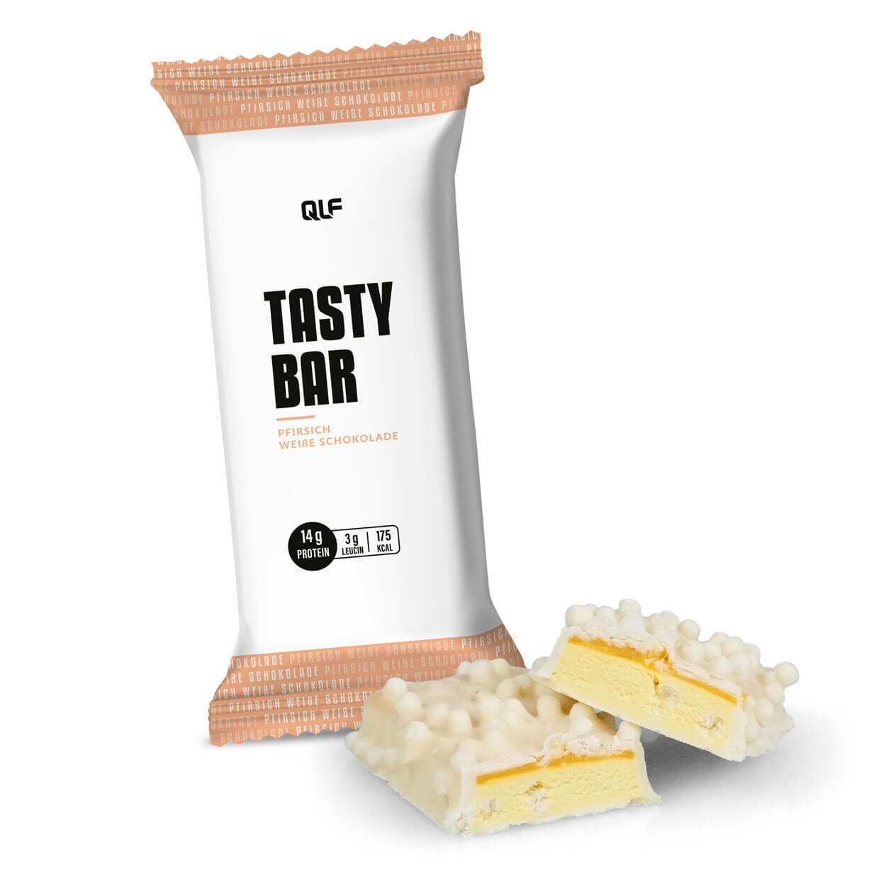 White wrapper of Tasty Bar with pieces cut to show white chocolate coating and creamy yellow peach-flavored filling inside