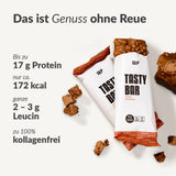 Tasty Bar Proteinriegel Brownie mit Eiweißangaben und Vorteilen auf hellem Hintergrund, Galerieposition 1