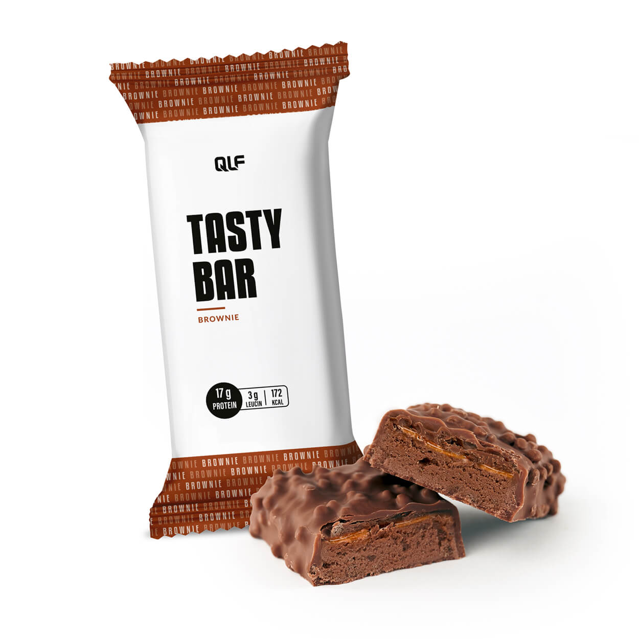 Chocolate coated brownie bar with one piece cut to reveal moist, dense interior next to white and brown branded wrapper