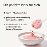 Tasty Kalorienarmes Geschmackspulver in rosa Farbe als Portion in Schale mit Vorteilstext auf weißem Hintergrund