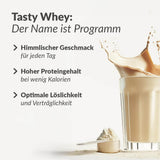 Tasty Whey Proteinpulver mit Vanillegeschmack, Proteinshake-Spritzern und Löffel auf hellem Hintergrund, Galerie 1