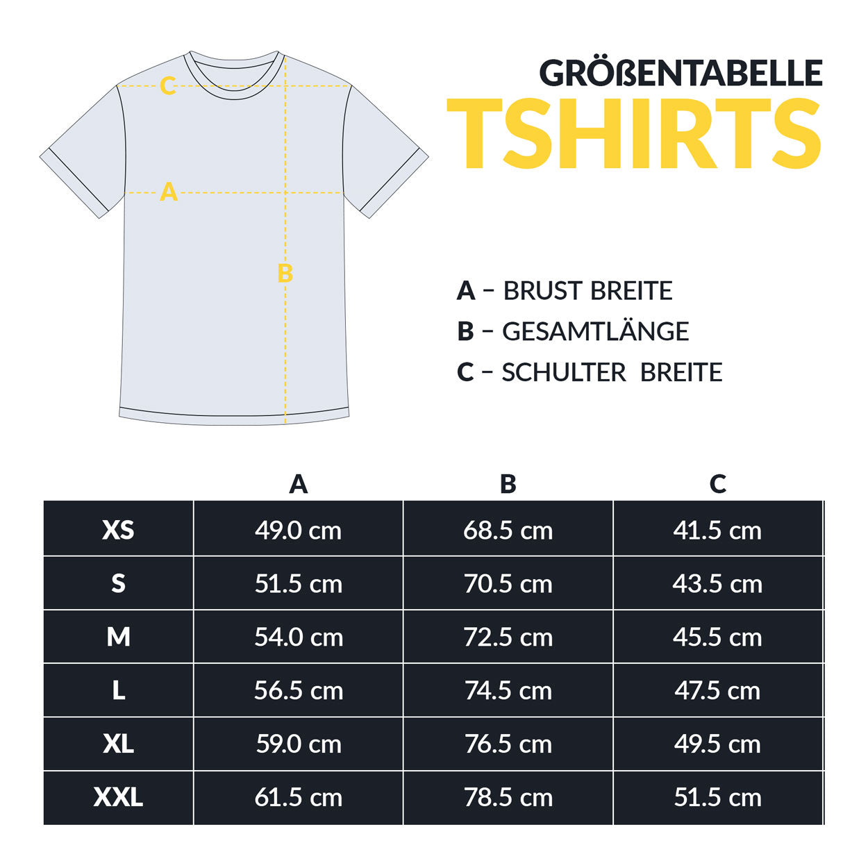 QLF Squad T-Shirt (kleines Logo) Größentabelle mit Brust-, Gesamt- und Schulterbreite, technische Skizze, Galerieposition 1