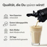 Probierbox Vegan Protein, 5 x 30g inkl. Gratis-Shaker mit schaumigem veganem Proteinshake in hellem Becher