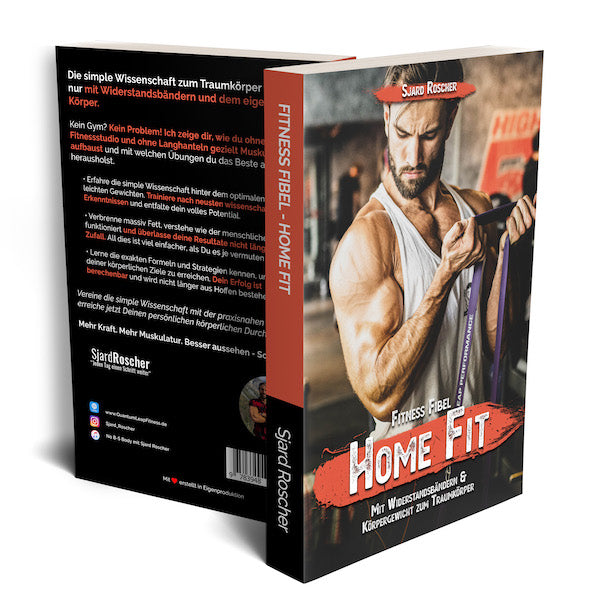 3D rendering of a fitness guidebook cover showing a muscular man using resistance bands indoors