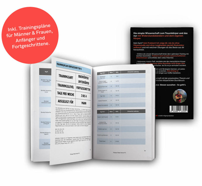 Open fitness training guide showing workout plans and schedules with accompanying book cover and red circular label in German
